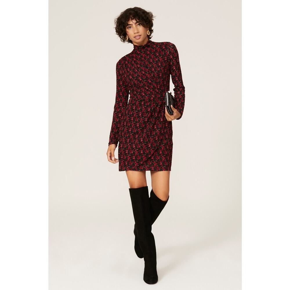 RTR Black Halo Sz 2 Red Black Rose Floral Briar Long Sleeve Mock Neck Mini Dress